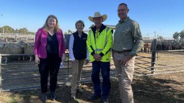 Agriculture Minister Tara Moriarty with Murray MP Helen Dalton, Les Warren from Griffith saleyards and Griffith Mayor Doug Curran where Ms Moriarty made a $1.4m eID infrastructure announcement. Picture by Allan Wilson.