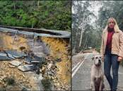 Left, the Megalong Valley landslide site, picture Blue Mountains City Council. Right, Claudia Abbot on the damaged stretch of Megalong Road, picture supplied.