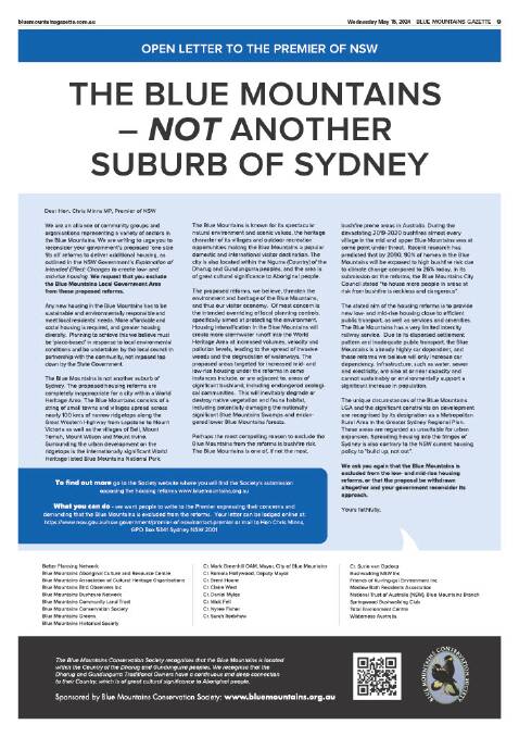 The full page open letter in the Blue Mountains Gazette on May 15. 