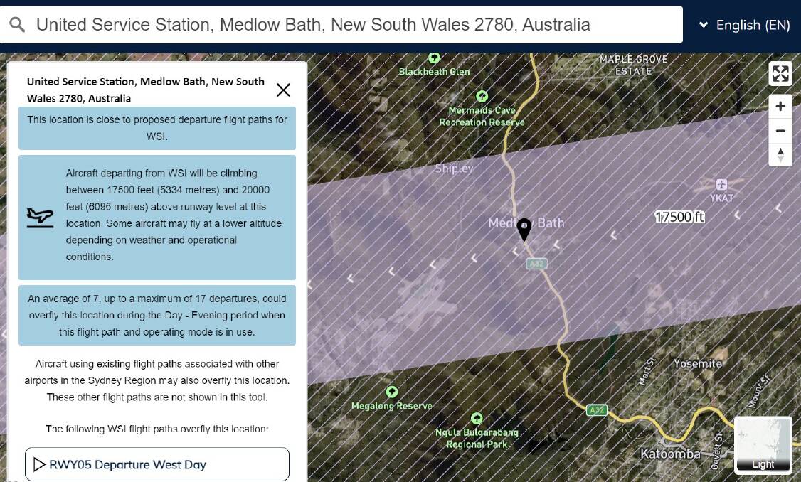 The Western Sydney International Airport Aircraft Overflight Noise Tool shows the impact of flights at the United Service Station, Medlow Bath.