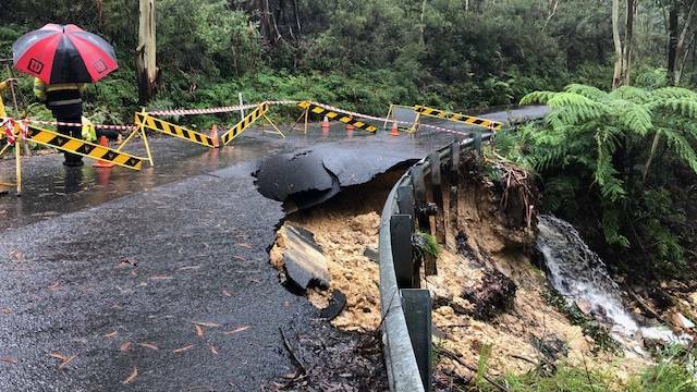 Landslip damage on Megalong Road. Council is repairing roads and slopes throughout the Mountains as a result of flooding damage. File picture