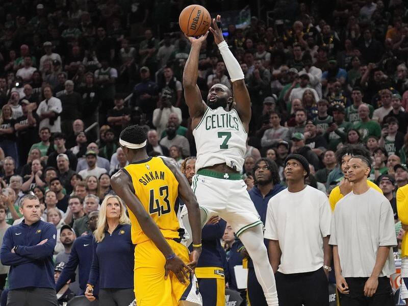 Jaylen Brown has helped Boston, with this late three pointer, to an overtime win against Indiana. (AP PHOTO)