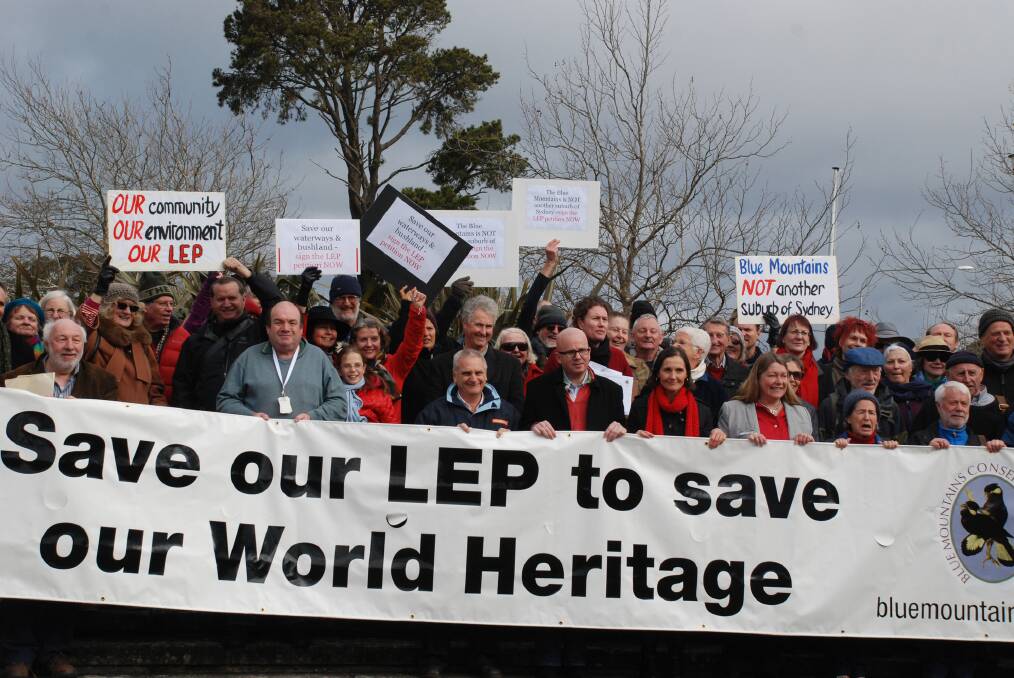 Blue Mountains councillors and residents at a LEP rally in Katoomba in July.